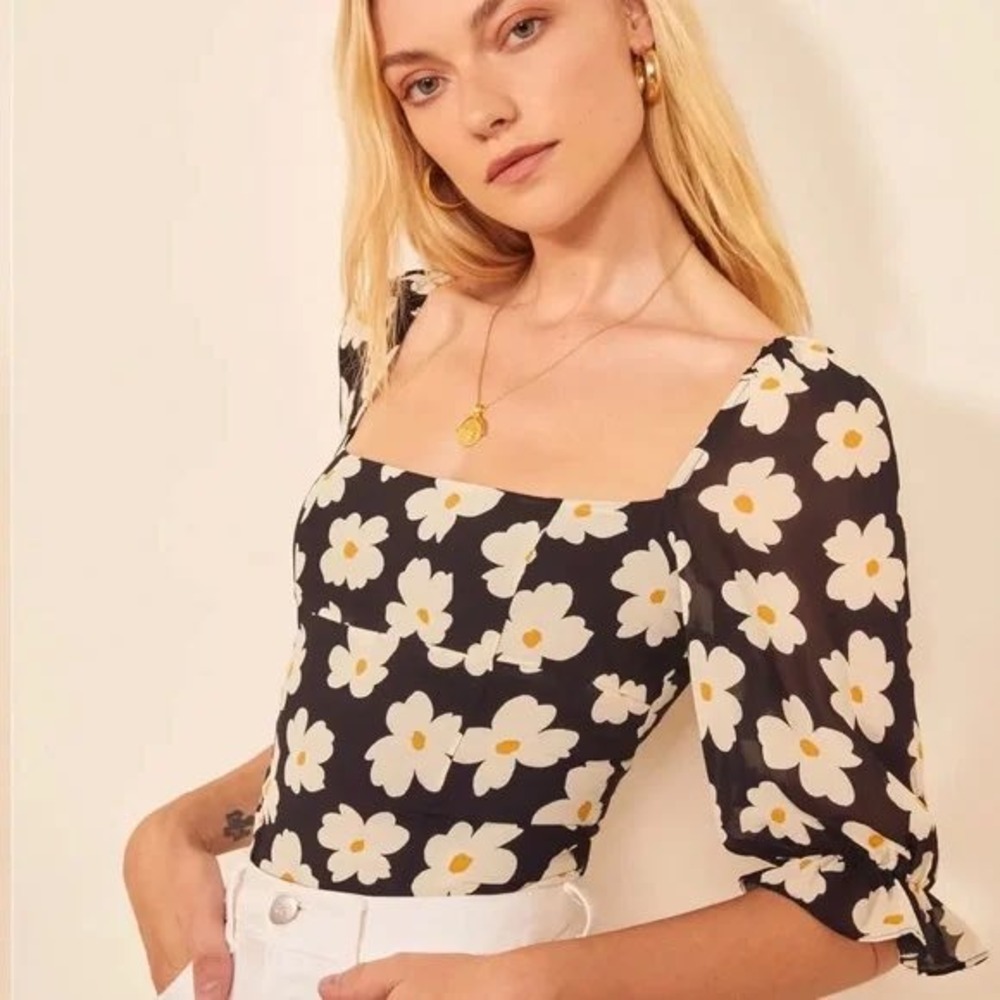 REFORMATION Georgia Daisy Bella Top Floral Blouse Square Black White Size 00